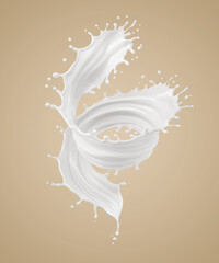 milk or white liquid splash isolated on brown background, 3d rendering. - obrazy, fototapety, plakaty