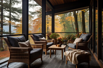 Outdoor patio with wicker chairs, table and autumnal leaves. AI Generative