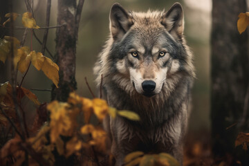 Fototapeta premium Gray wolf in the fall forest. Portrait of a wolf in the autumn forest. AI Generated.