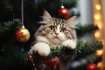Cute little kitten near Christmas tree on blurred background, closeup. AI Generative.