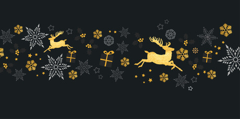 Fototapeta na wymiar Christmas golden decoration with Xmas reindeer, gifts, snowflakes.