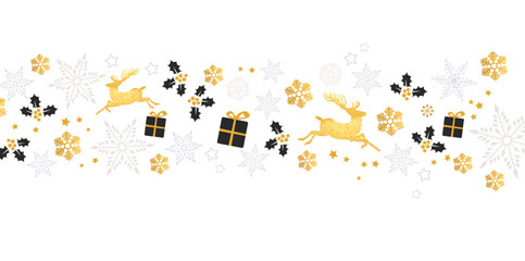 Christmas golden decoration with Xmas reindeer, gifts, snowflakes.