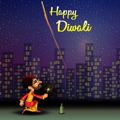Naklejka premium Happy Diwali celebration background with firework and cityscape.