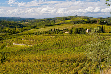 Fototapeta na wymiar Le colline e i vigneti di Radda in Chianti. Panorama autunnale. Toscana. Italia