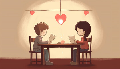 Two children a boy an girl in love making a Valentines card with hearts. created homemade greeting card. A little girl and boy painted and colored card with funny hearts. Gift for Valentines day. 