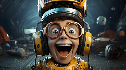 The Smiling Face Of A Boy Dressed In A Robot Costume. Illustration On The Theme Of 3D, Comics, Fantasy And Computer Games. Generative AI - obrazy, fototapety, plakaty