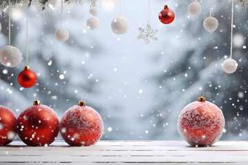 Red Christmas balls hanging and standing on white wooden board ground covered with snow with...