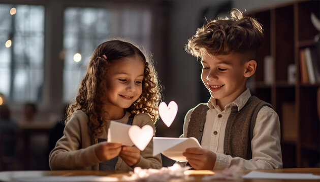 Two children a boy an girl in love making a Valentines card with hearts. created homemade greeting card. A little girl and boy painted and colored card with funny hearts. Gift for Valentines day. 