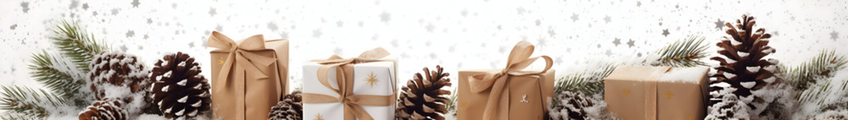 Fototapeta na wymiar Rustic Christmas gifts with brown ribbons, pine cones, spruce and fir branches and decorations in a row on white snowy abstract background. Horizontal composition, side view.