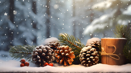 Rustic wooden Christmas gift with brown string, pine cones and branches on snow covered surface inside a winter forest with spruce and fir trees in the background.
