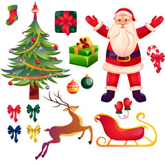 Set of elements for Christmas design. Traditional attributes. Santa, Christmas tree, presents, reindeer, sleight. Merry Christmas, Happy new Year, Winter holidays concept for greeting card, banner