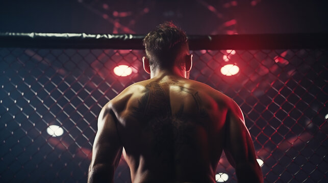 Back view of male kickboxer athlete in ring, concept of sports, Muay Thai, martial arts.