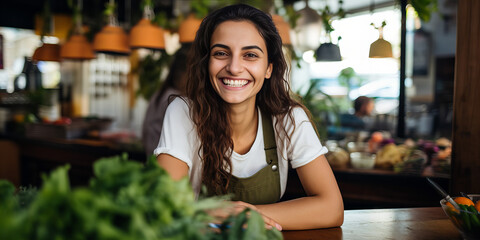 a portrait of a woman working in a vegan restaurant