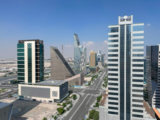 Modern designed Towers constructed at Lusail city with clear blue sky.