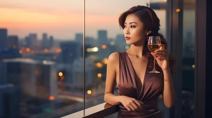 Foto op Canvas Portrait of beautiful young asian woman holding cocktail rooftop bar with blur bokeh lights at evening © AspctStyle