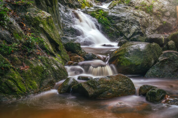 Waterfall in lush forest with golden sunlight shining down on stream surrounded by beautiful trees.