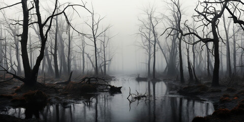 Swamp with trees in misty fog at sunrise. Tranquil, moody landscape. Generative AI