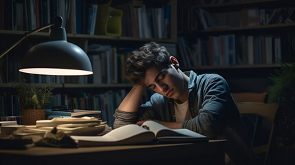 student, studying and stress in night by computer for test - obrazy, fototapety, plakaty
