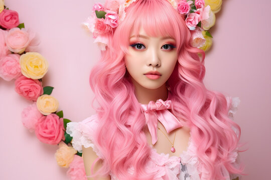 Portrait of Asian woman with long pink hair and cute fashion with lace and flowers