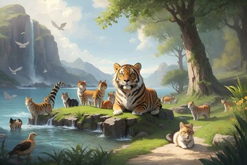 a beautiful scene of big tiger with animal in a jungle illustration for story book Ai generated  - obrazy, fototapety, plakaty