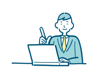 笑顔でパソコンを操作しながら案内をするスーツを着た男性のシンプルなイラスト