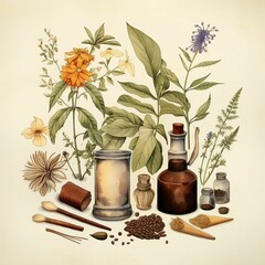 botanical illustration with plants Chinese medicine and cosmetics