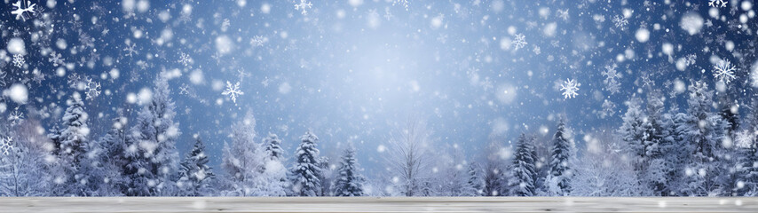 Abstract wihter forest with snowfall and snowflakes in winter. Horizontal composition.