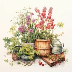 botanical illustration with plants Chinese medicine and cosmetics