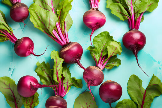 Red beet vegetables with leaves on blue background