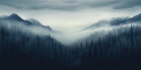 AI Generated. AI Generative. Mist magic snowy mountain range with forest. Fog in the morning landscape background nature. Graphic Art