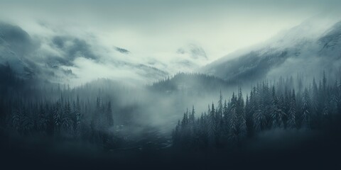 Fototapeta premium AI Generated. AI Generative. Mist magic snowy mountain range with forest. Fog in the morning landscape background nature. Graphic Art