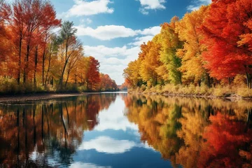 Foto op Canvas Colorful trees in fall reflect on a calm river. Generative AI © Melisande