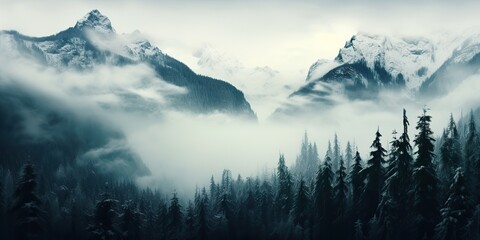 AI Generated. AI Generative. Mist magic snowy mountain range with forest. Fog in the morning landscape background nature. Adventure hiking tour promotion - obrazy, fototapety, plakaty