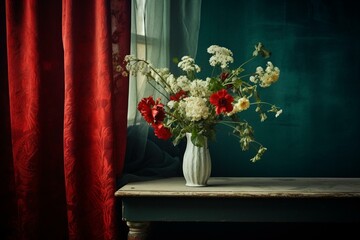 a vase of red flowers on a table by a window with a blue curtain against a dark green backdrop, and white elements. Generative AI