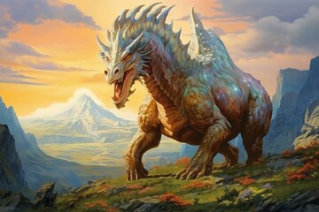 Large mythical creature in the hills. Non-realistic artwork. Created to resemble traditional oil painting. Rendered digitally. Generative AI