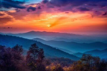 A colorful mountainous sunset. Generative AI