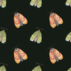 Seamless pattern with pink and green moths on a dark green background. Watercolor illustration. Print on fabric and paper. Insects. Butterflies. Wallpaper. Art. Design. Handmade work. Beautiful. 