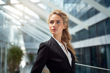 Fototapeta premium Businesswoman stands in a modern office building