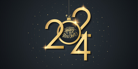 2024 New Year celebration festive banner with handwritten holiday greetings Happy New Year and golden Christmas ball. Glowing lights. Black and gold colors. Vector illustration. - obrazy, fototapety, plakaty
