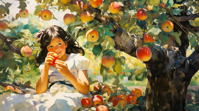 illustration of little girl picking apples on a garden. Outdoor fun for children. Healthy nutrition