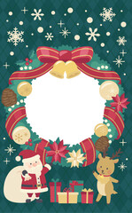 クリスマスリースのイラストフレーム緑背景_縦1