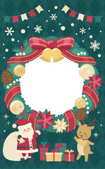 クリスマスリースのイラストフレーム緑背景_縦4
