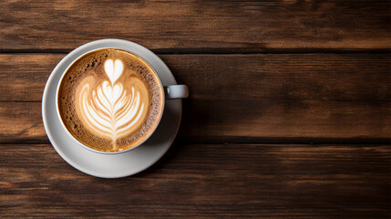 background Top view of a cup of coffee on a wooden table, heart-shaped pattern on foam and. space for text