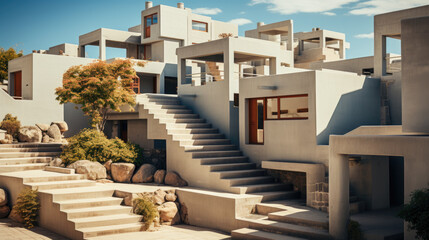 Naklejka premium Stunning modern Brutalist-style architectural complex featuring geometric concrete structures, open terraces, and layered staircases, complemented by lush landscaping and natural stone elements unde