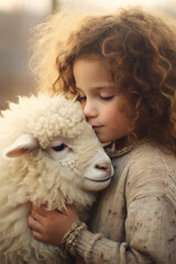 little cute curly girl hugging lamb
