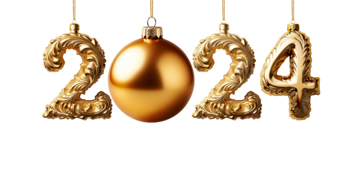 Gold Christmas ball as a New Year 2024 - isolated on free PNG background.