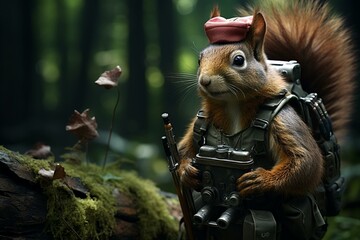 Squirrel in forest with survival gear. Generative AI - obrazy, fototapety, plakaty