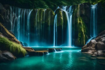 A beautiful waterfall tumbling into a glistening pool.