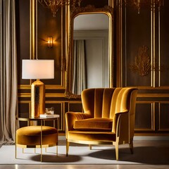 luxury hotel room with furniture, A luxurious living room adorned with a stylish honey yellow armchair, a glistening gold lamp, and an opulent mirror framed in gold