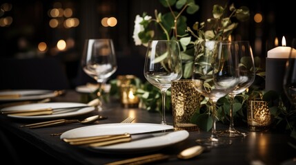 Fototapeta na wymiar Glasses of champagne on the festive table on blurred restaurant background with bokeh lights